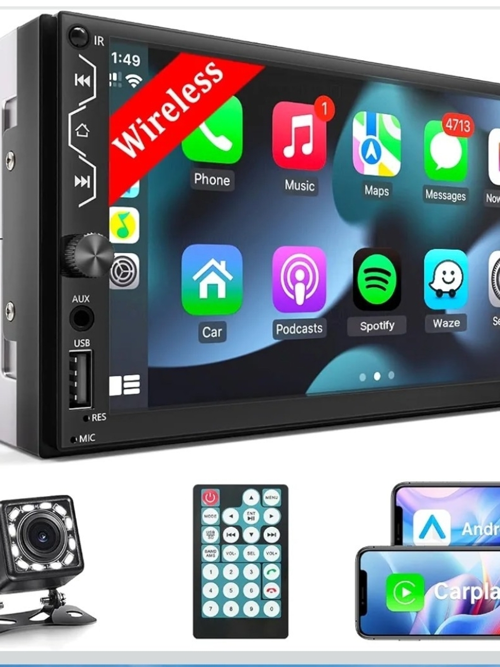 Wireless Double DIN Car Stereo Receiver with Bluetooth & USB - Black